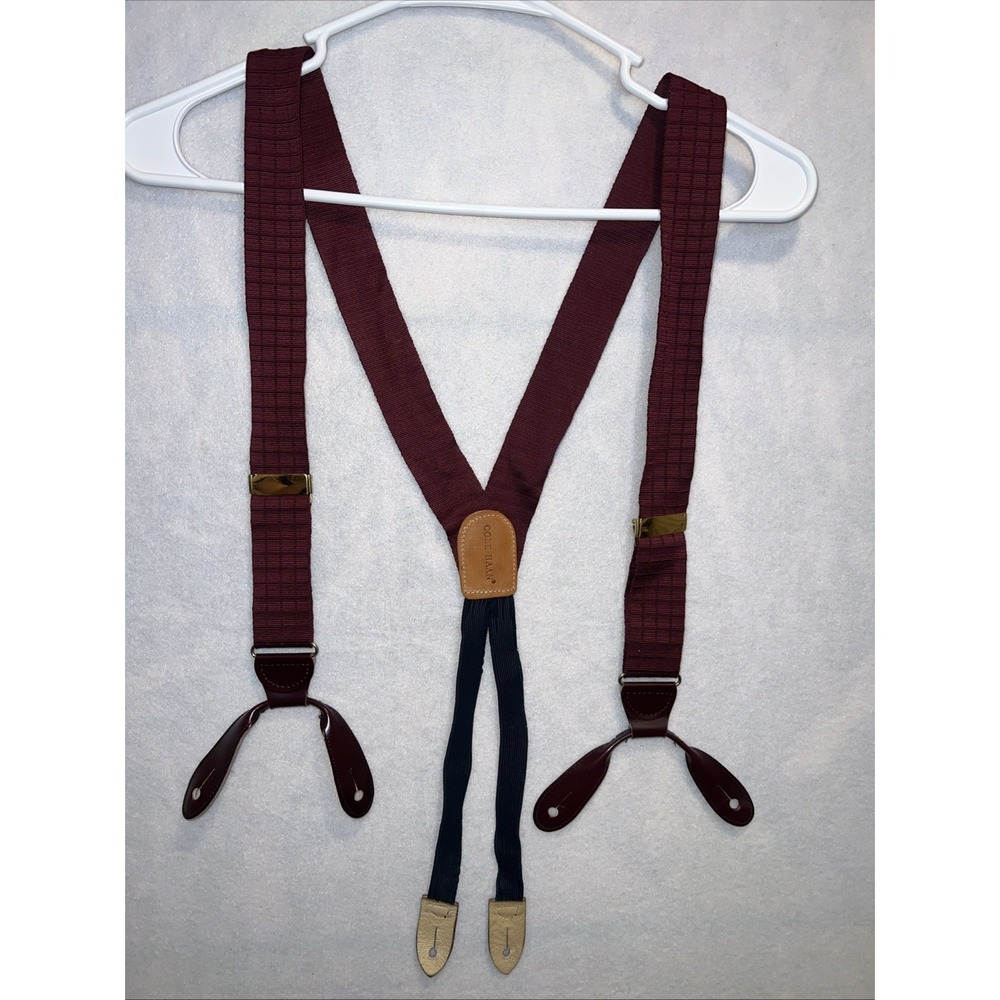 COLE HAAN Suspenders Maroon Button End Gold Colored Hardware Stretchy Leather